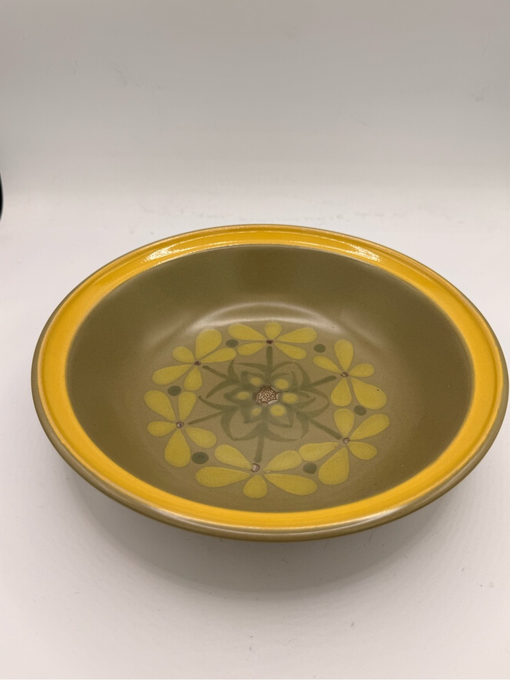 Vintage Olive Green and Yellow Floral Ceramic Serving Bowl